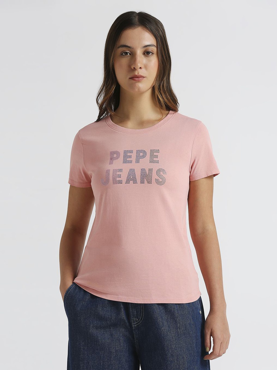 

Pepe Jeans Women Typography Printed Round Neck Pure Cotton T-shirt, Pink