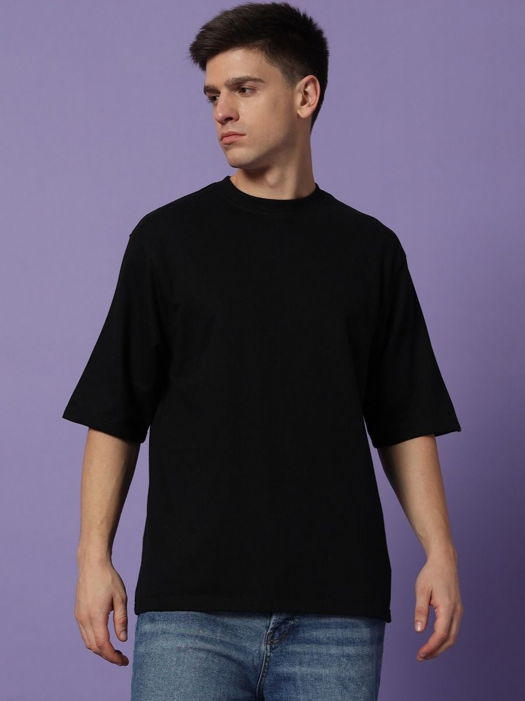

PockMAN Men Bio Finish Solid Round Neck Pure Cotton Oversized T-shirt, Black