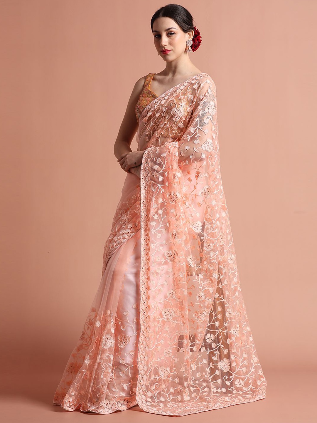 

Jaipur Kurti Party Wear Floral Embroidered Net Saree, Peach