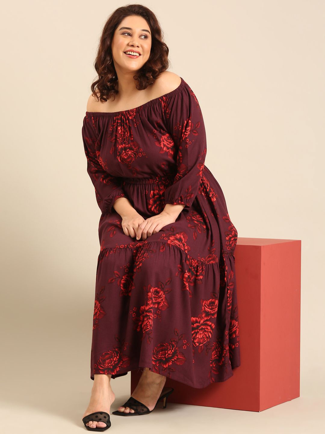 

The Pink Moon Plus Size Floral Printed Off-Shoulder Fit & Flare Midi Dress, Burgundy