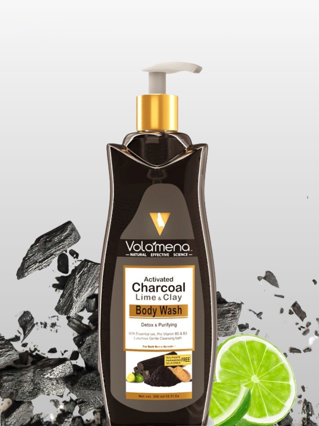

Volamena Activated Charcoal Lime & Clay Body Wash For Detox & Purifying 300 ml, Black