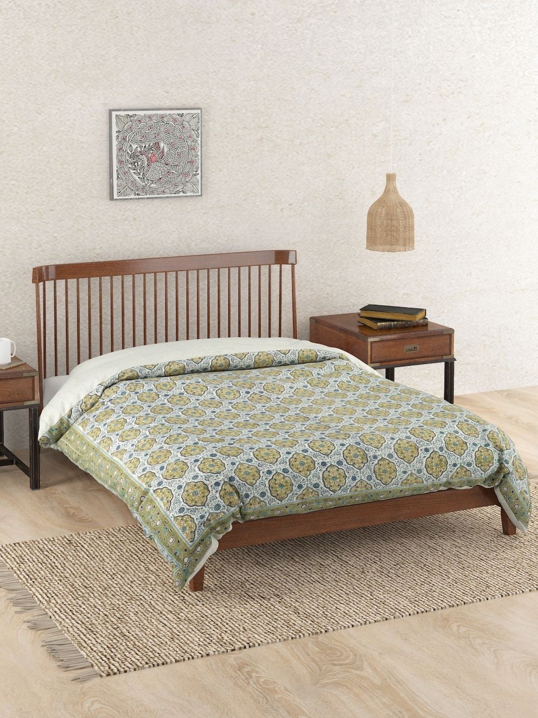 

Fabindia Krisha Green & Blue Ethnic Motifs 233 GSM AC Room Pure Cotton Double Bed Quilt