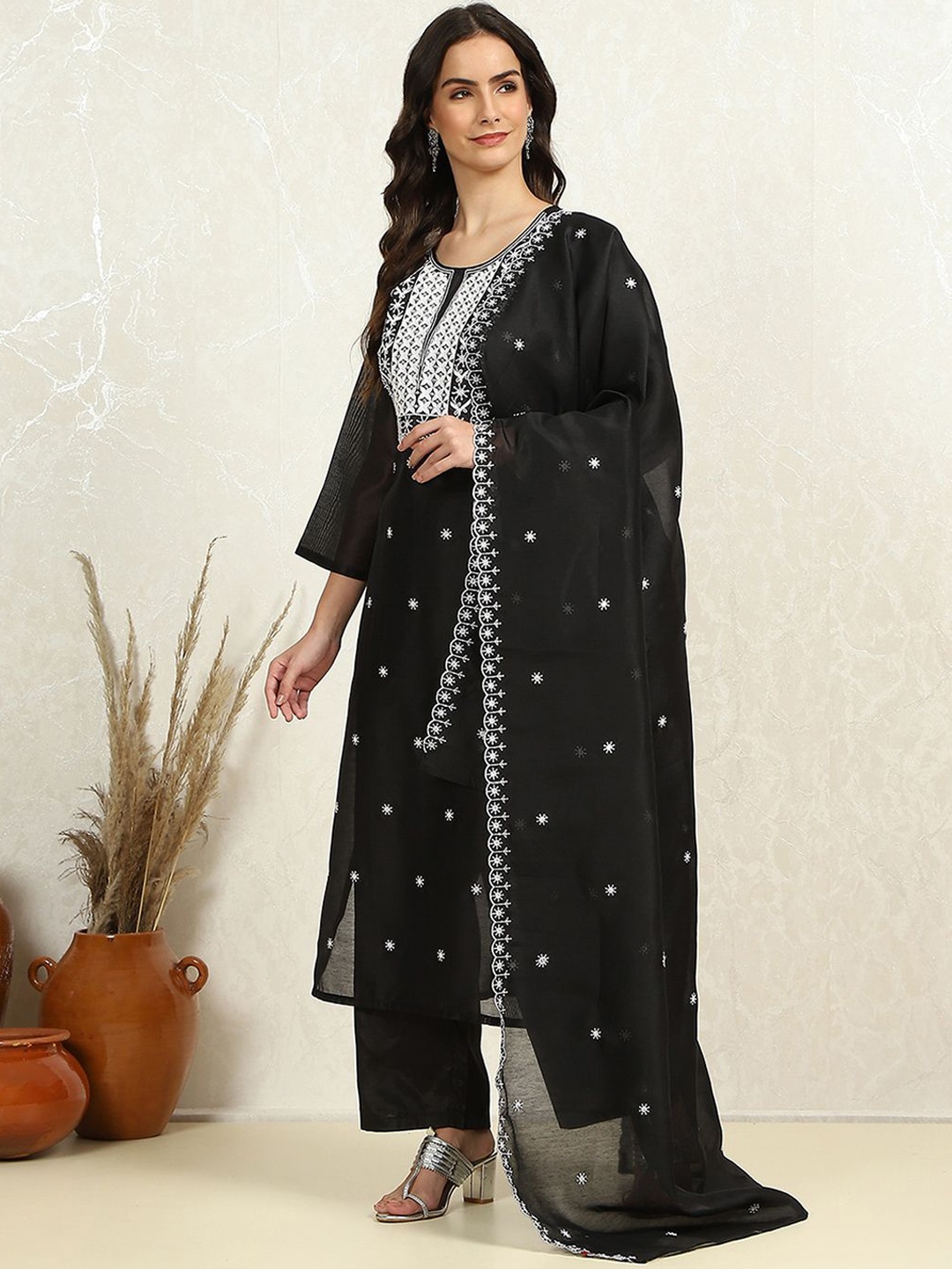 

Biba Flral Embroidered Sequinned Unstitched Dress Material, Black