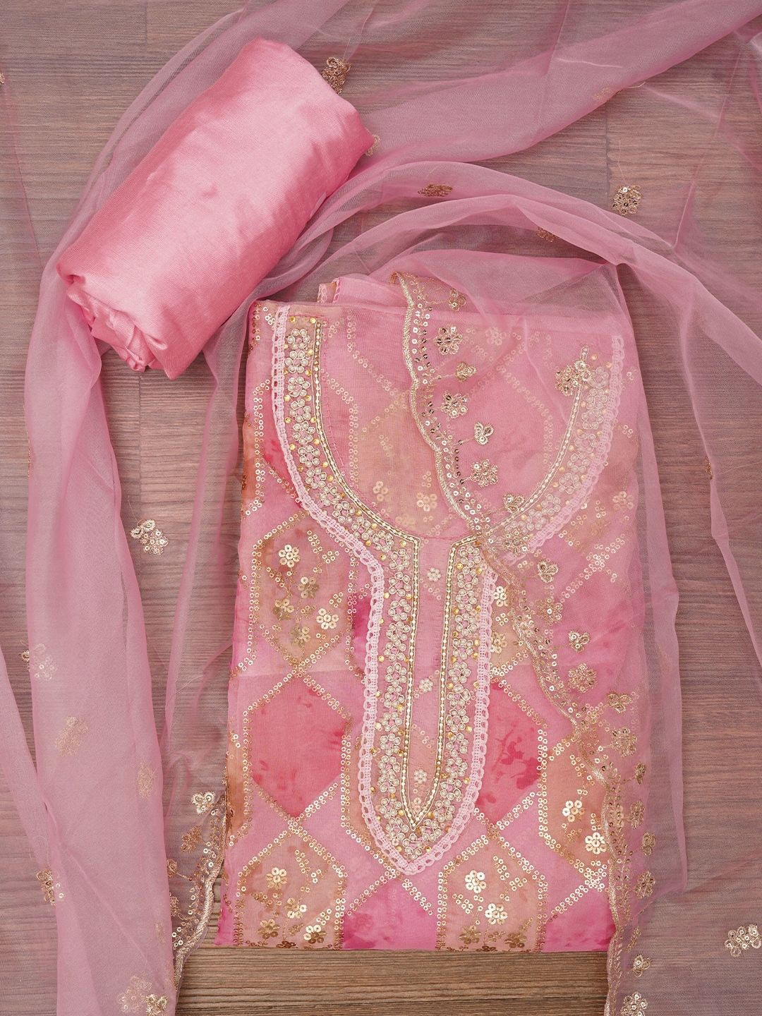 

Jaipur Kurti Sequin Embroidered Organza Dress Material with Dupatta, Pink