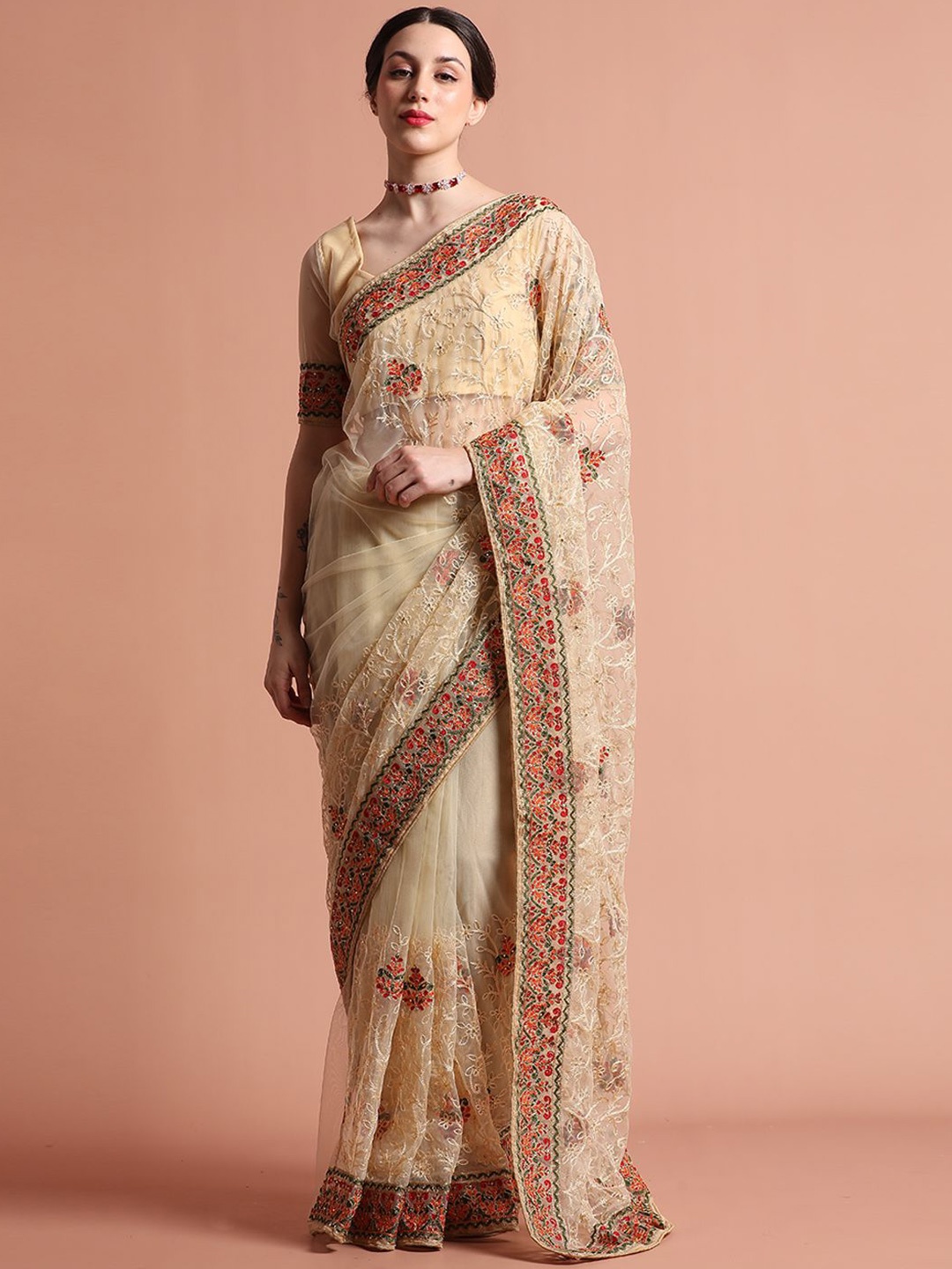 

Jaipur Kurti Floral Embroidered Net Party Wear Saree, Beige