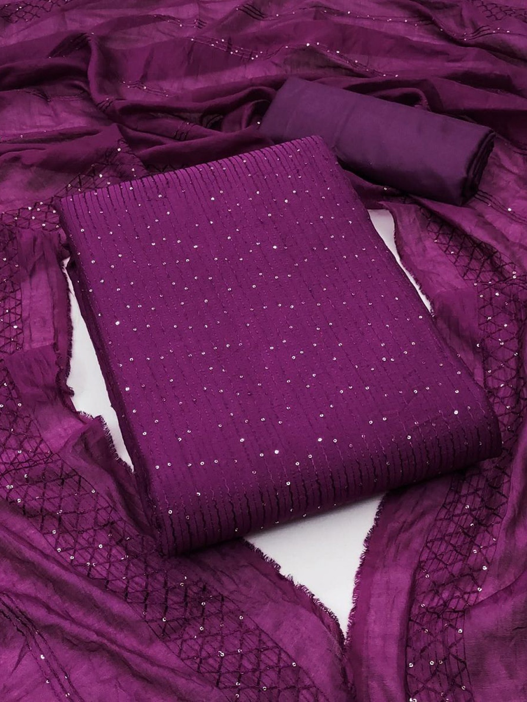 

JULEE Striped Embellished Sequinned detail Unstitched Dress Material, Purple