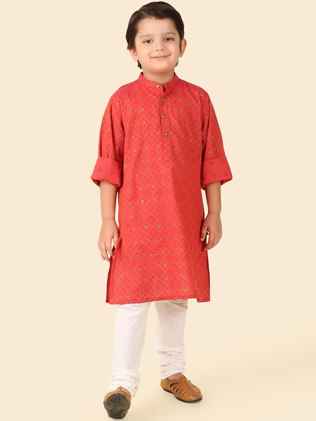 

Fabindia Boys Geometric Printed Band Collar Cotton Straight Kurta, Coral