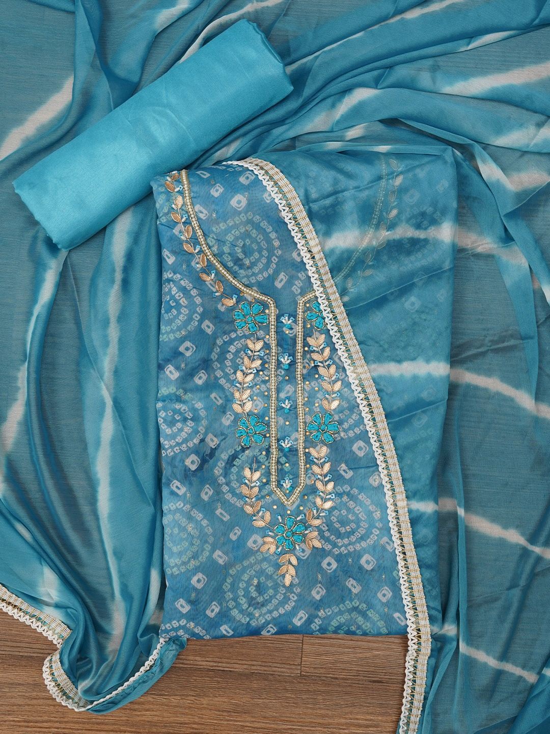 

Jaipur Kurti Bandhani Embroidered Dress Material with Leheriya Dupatta, Blue
