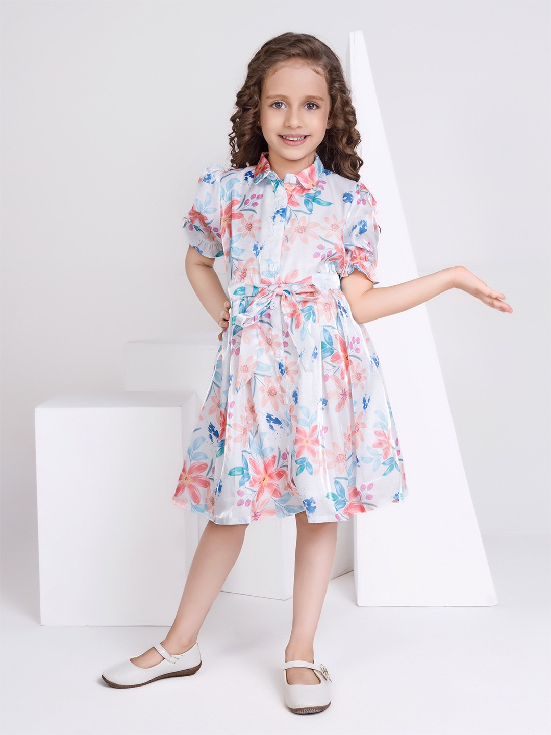 

Peppermint Girls Floral Printed A-Line Knee Length Dress, White