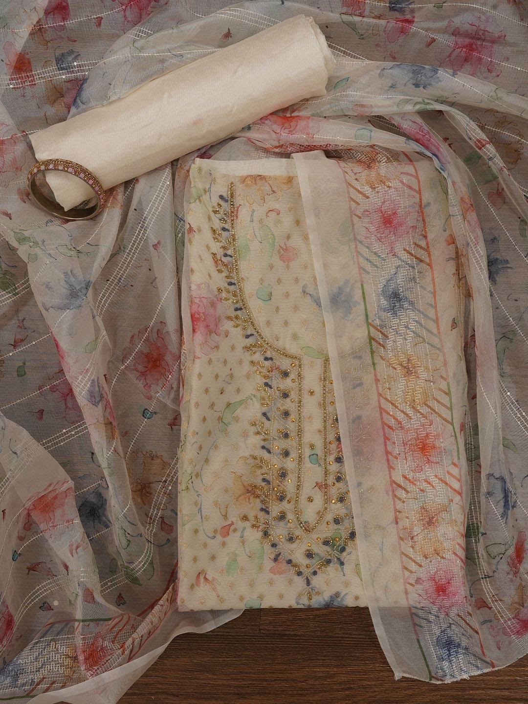 

Jaipur Kurti Floral Printed Silk Zari Woven Dress Material with Dupatta, Off white