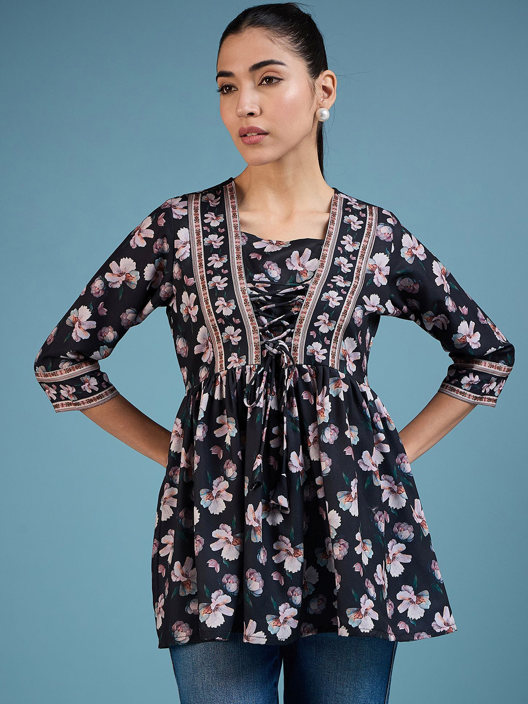 

VIRICA Women Floral Printed Square Neck Top, Black