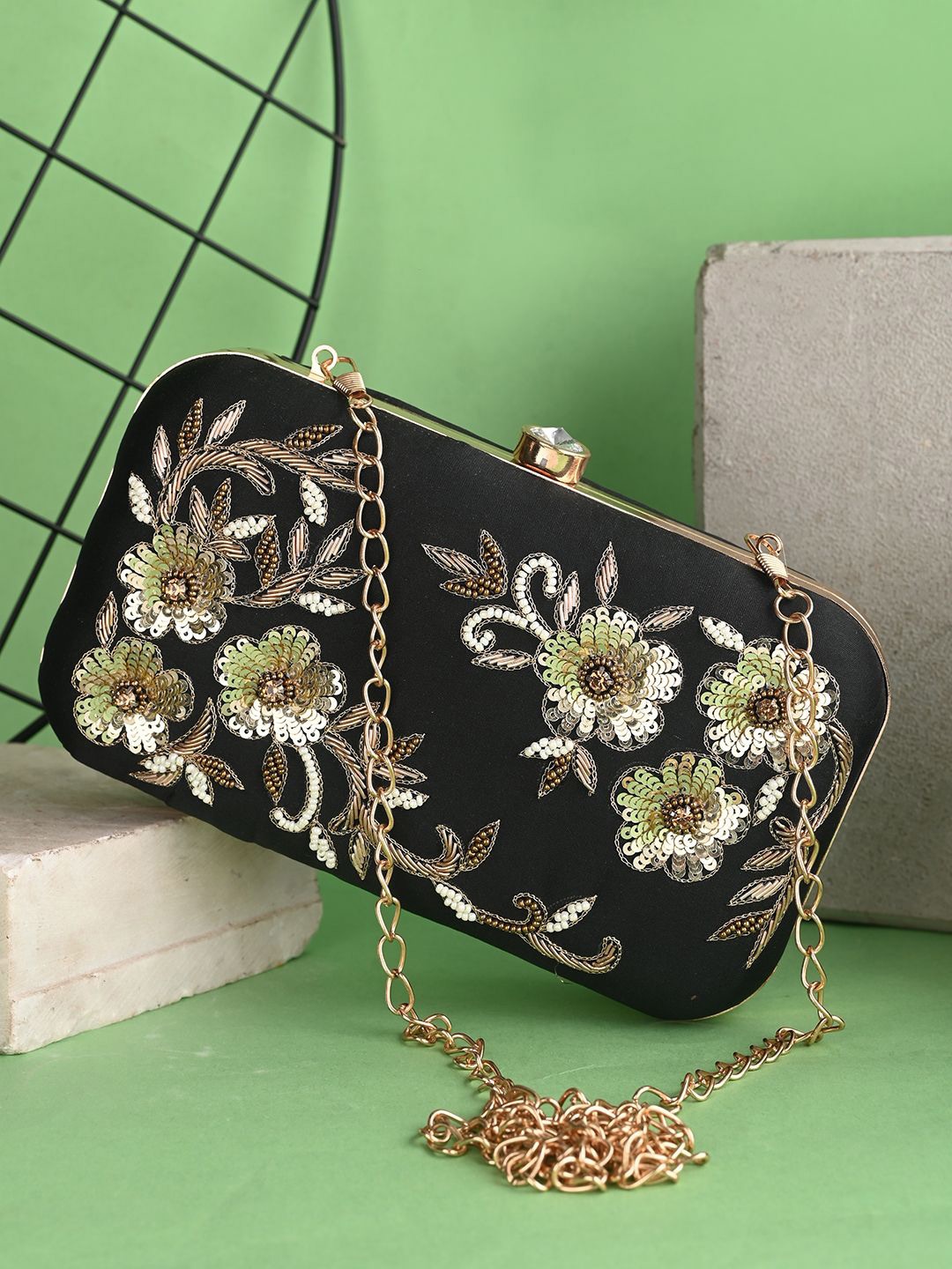 

Anouk Black Embroidered Box Clutch
