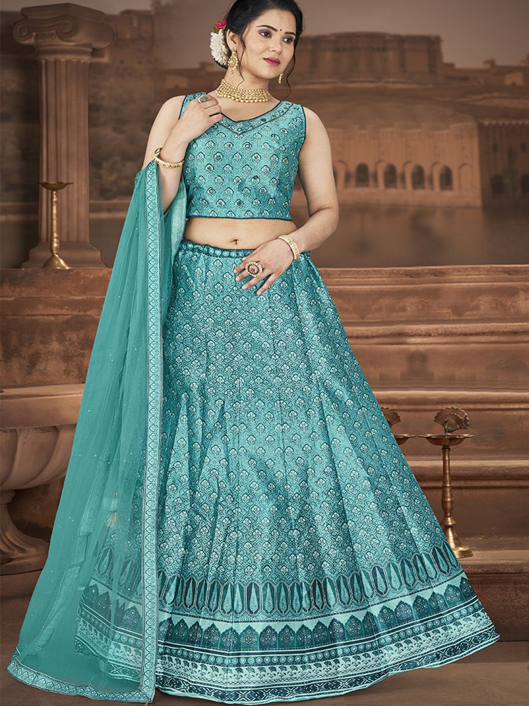 

Krimmple Printed Beads and Stones Ready to Wear Lehenga & Blouse With Dupatta, Sea green