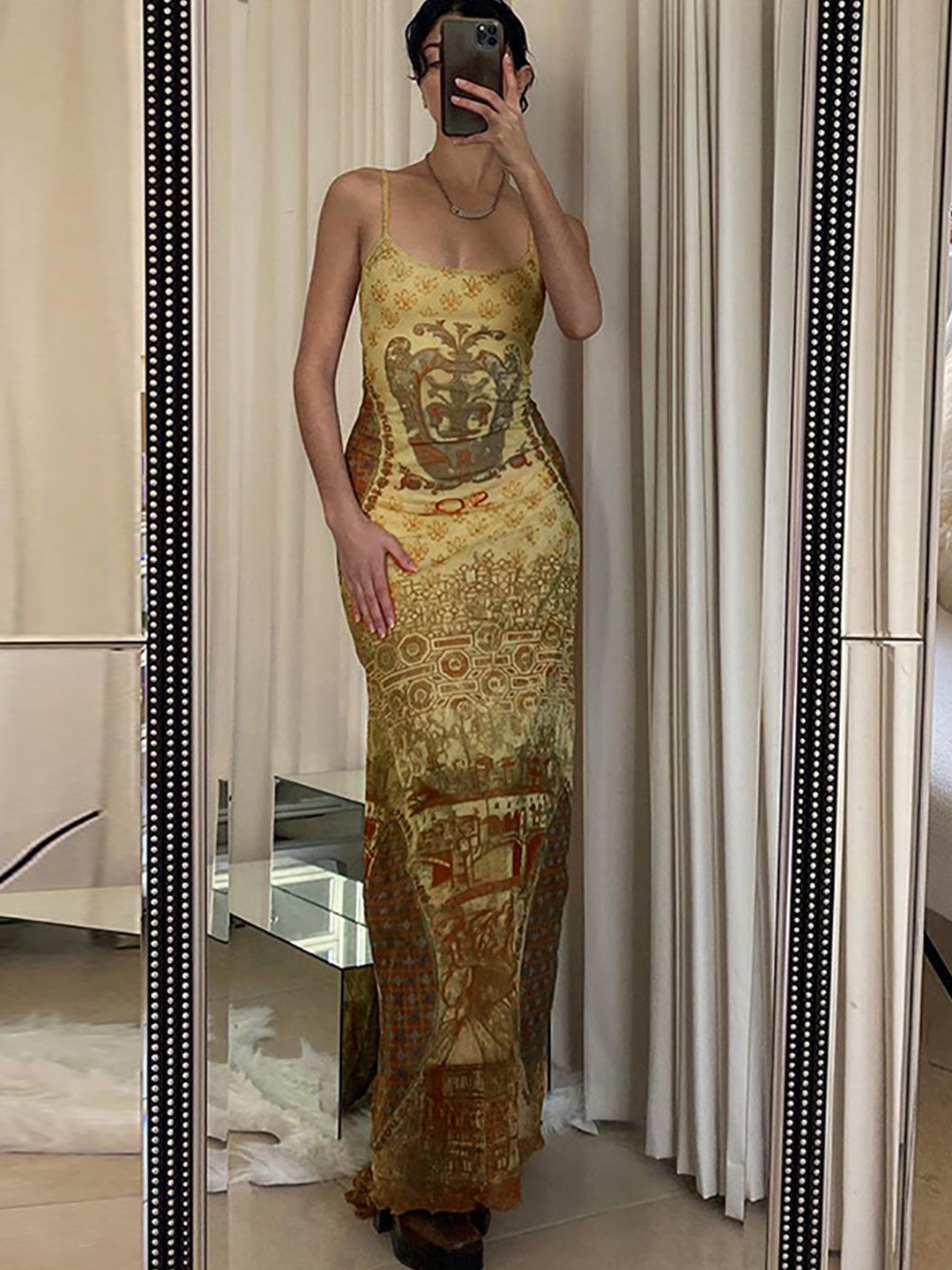 

StyleCast x Revolte Women Ethnic Motifs Print Bodycon Maxi Dress, Yellow