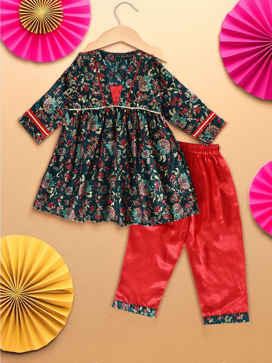 

Bella Moda Girls Floral Printed A-Line Gotta Patti Silk Crepe Kurti with Trousers, Green