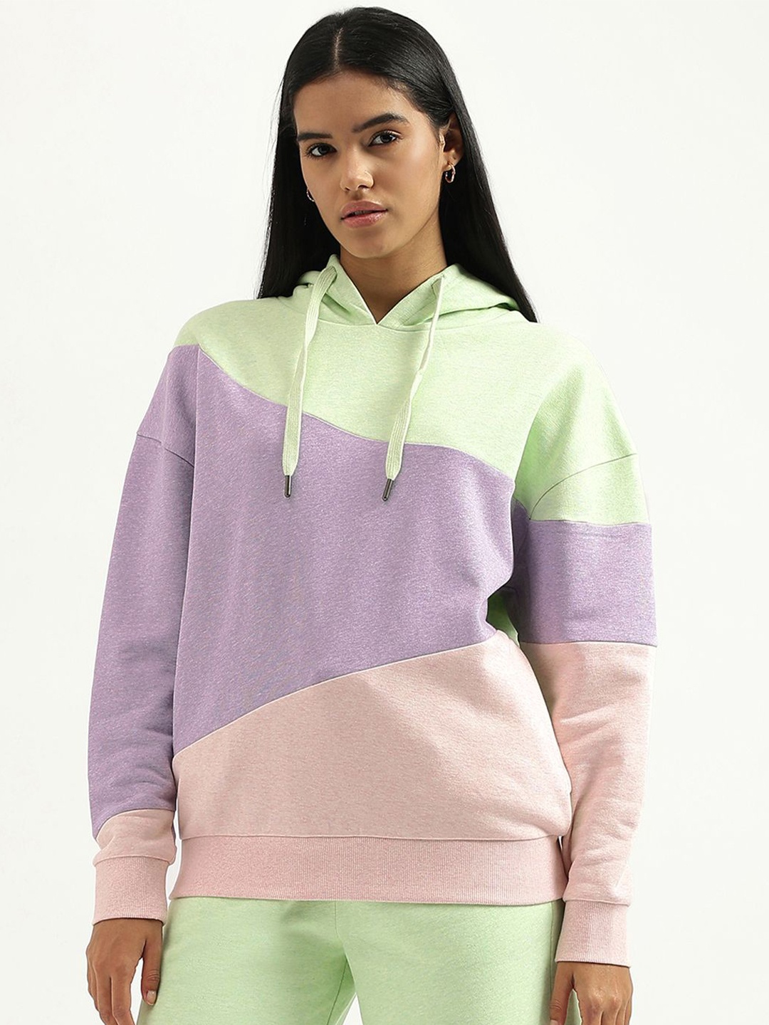 

United Colors of Benetton Women Colourblocked Hooded Sweatshirt, Green