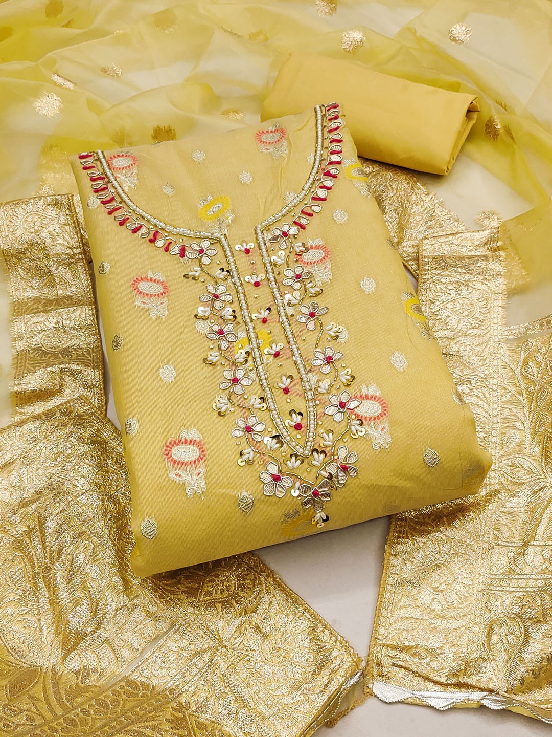 

KALINI Floral Woven Design Beads and Stones Detail Organza Unstitched Dress Material, Yellow