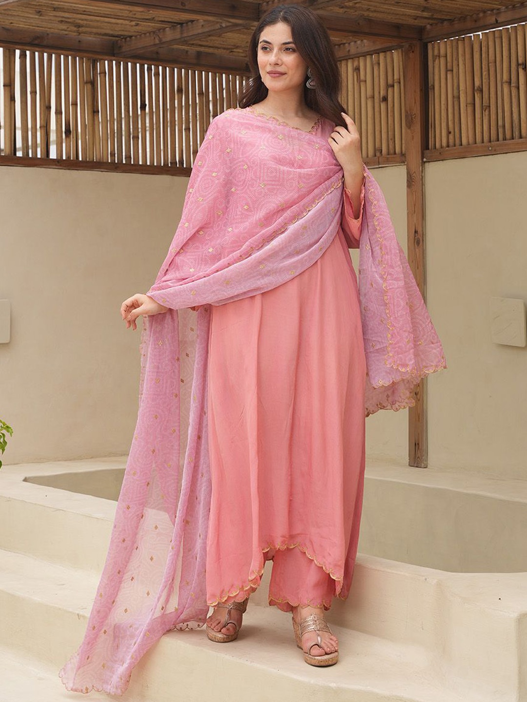 

OneWe Layla Pure Silk A-Line Kurta with Palazzo & Dupatta, Peach