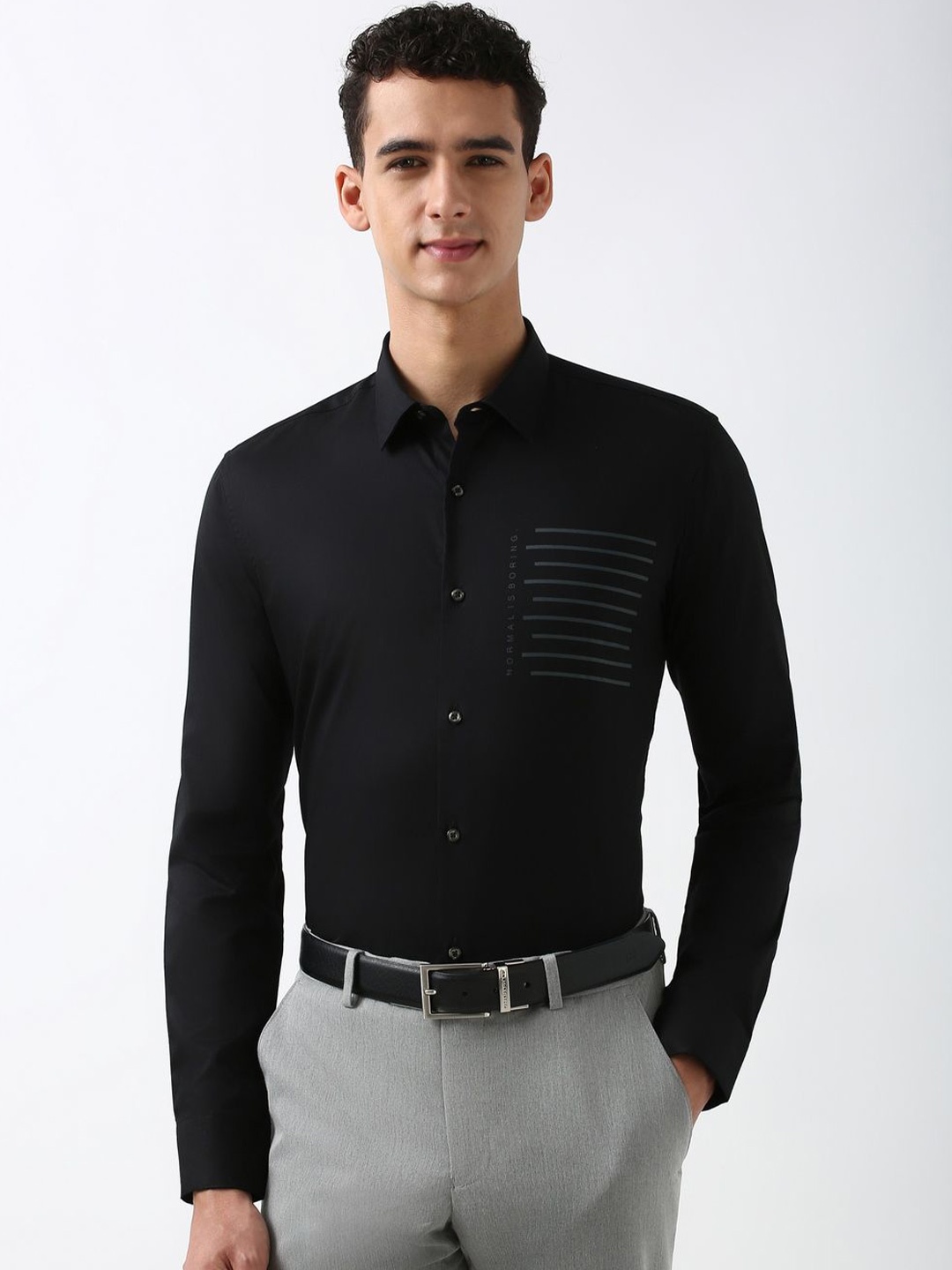 

Peter England Men Slim Fit Opaque Printed Formal Shirt, Black