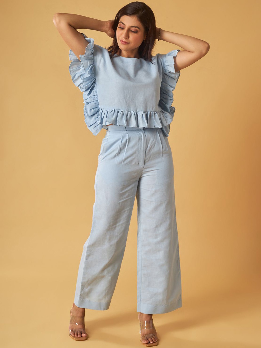 

Maisolos Cotton Line Short Sleeves Ruffle Top With Trousers, Blue