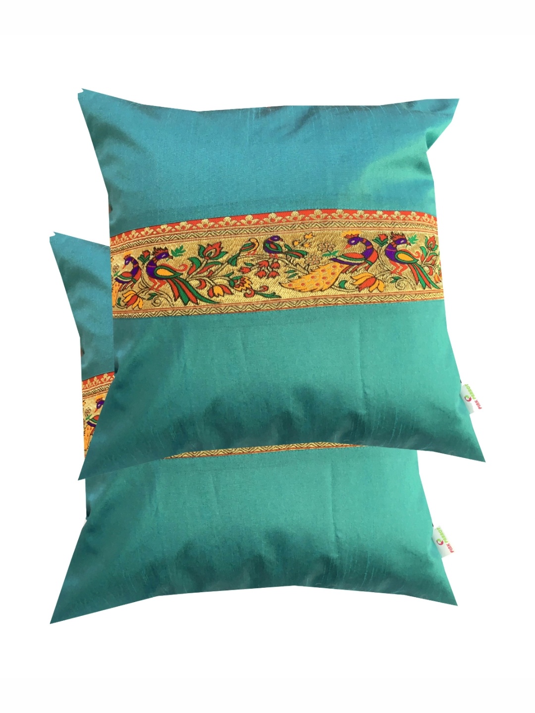 

Pink Parrot Green & Gold Toned 2 Pieces Ethnic Motifs Zari Work Square Cushion Covers