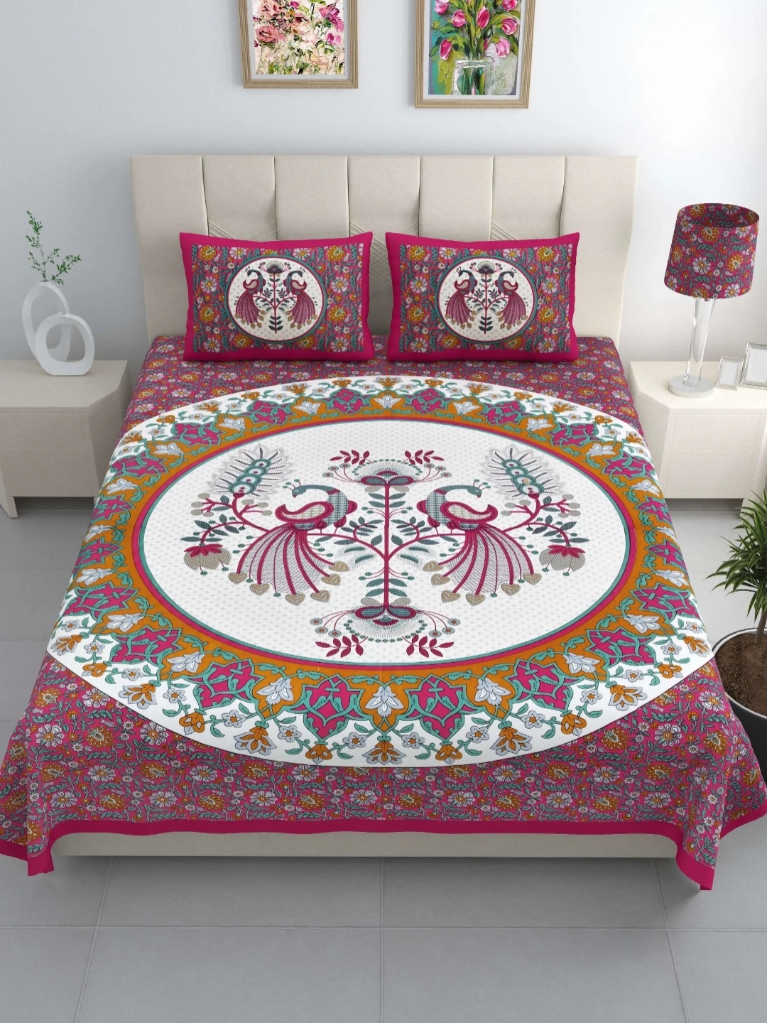 

LIVING ROOTS Pink & White Ethnic Motifs Cotton 210 TC King Bedsheet with 2 Pillow Covers