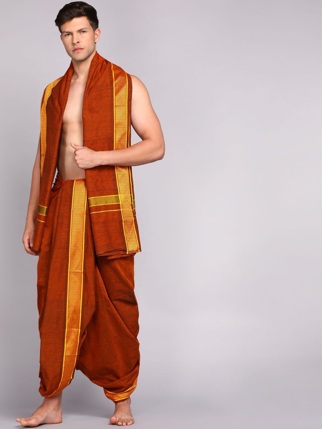 

Ethazh Men Dhoti With Angavastram, Brown