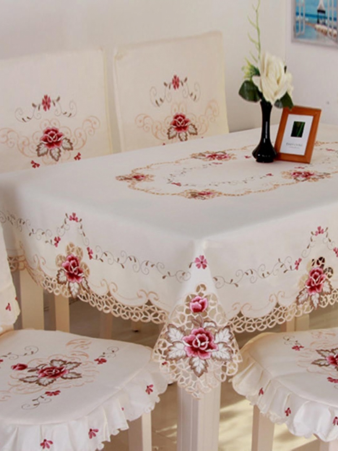 

MONKDECOR Cream-Coloured & Red Floral 6-Seater Satin Table Cover with Embroidered details