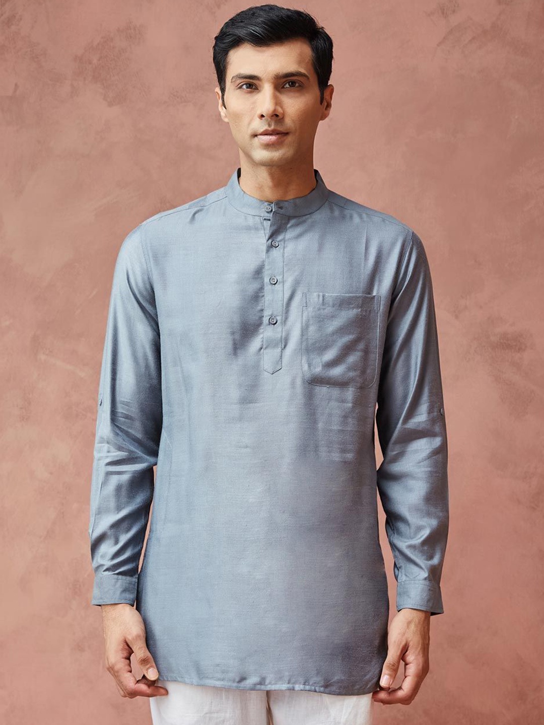 

Fabindia Band Collar Slim Fit Straight Kurta, Grey