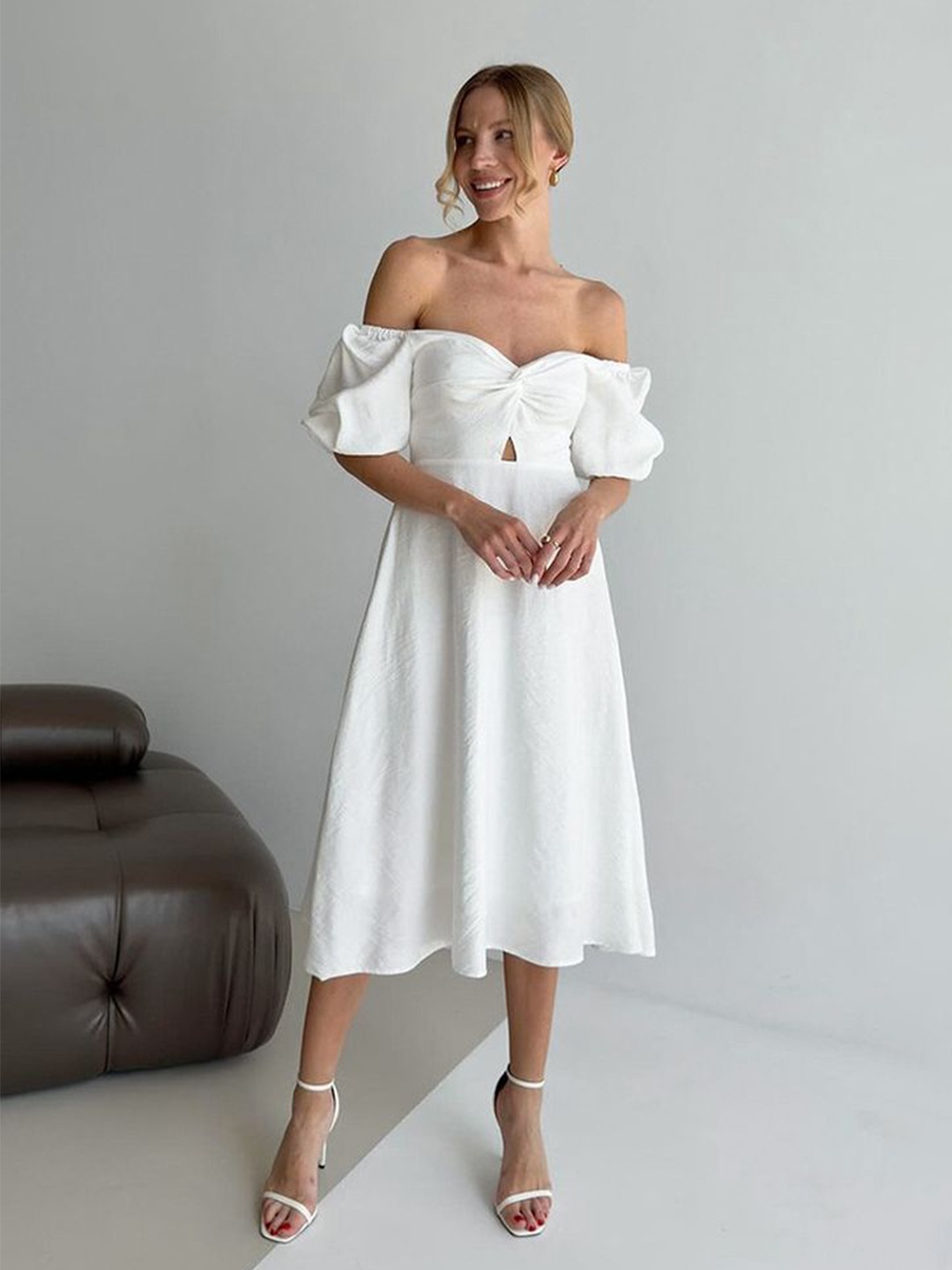 

LULU & SKY Women Off-Shoulder Flared Sleeve Fit & Flare Midi Dress, White