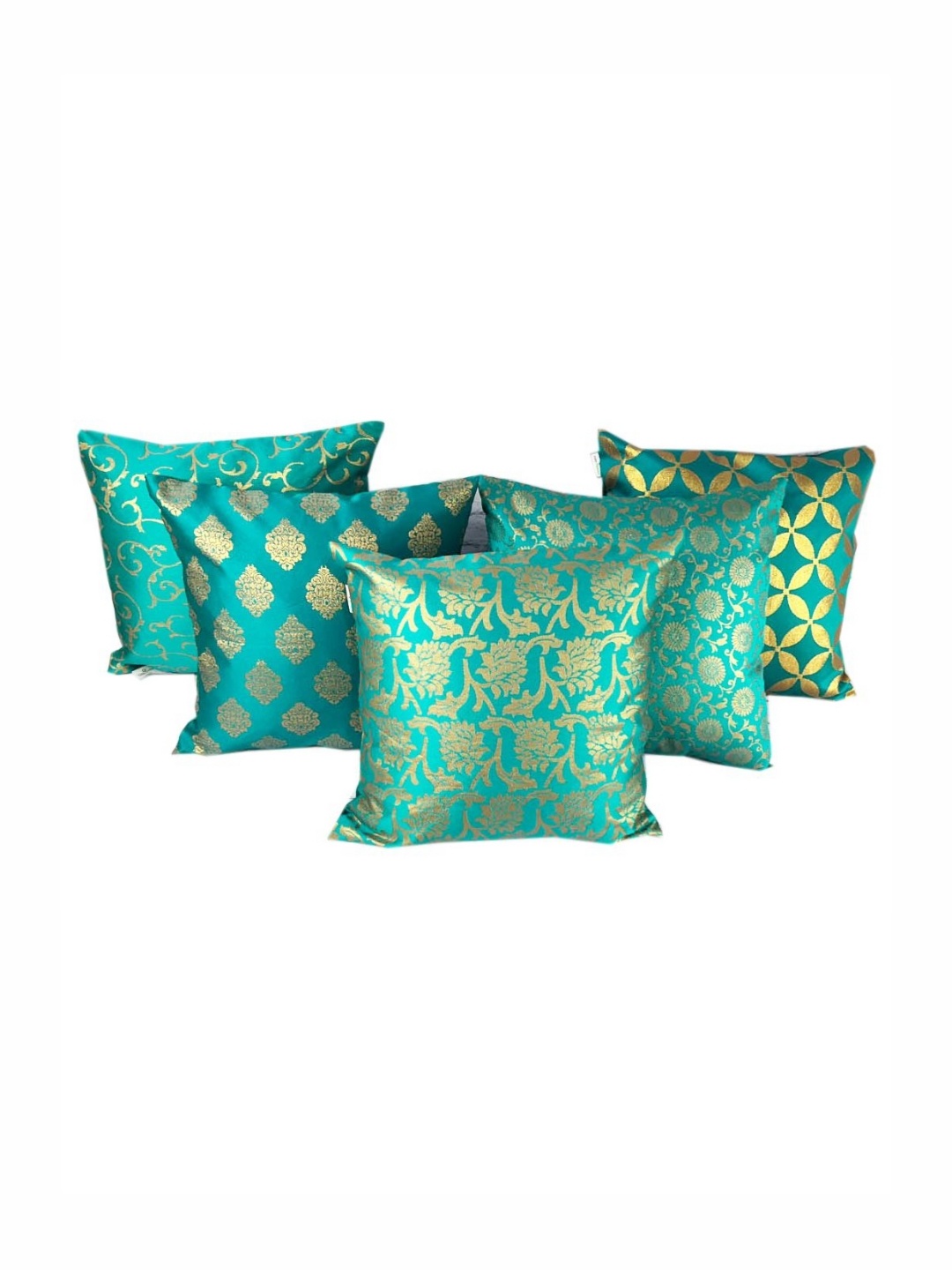 

Pink Parrot Green Toned 5 Pieces Ethnic Motifs Printed Jacquard Square Cushion Covers