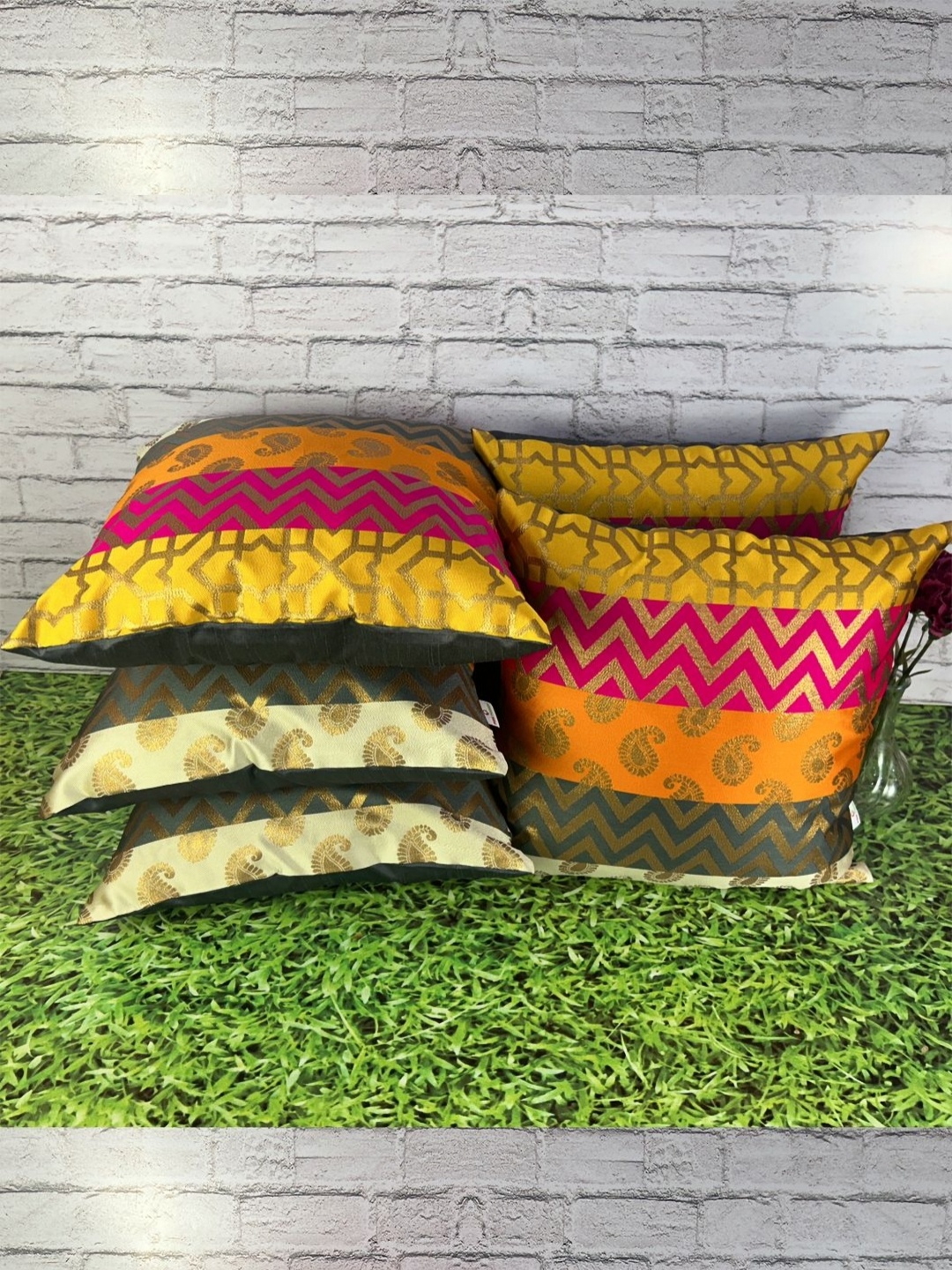 

Pink Parrot Pink & Orange 5 Pieces Ethnic Motifs Square Cushion Covers