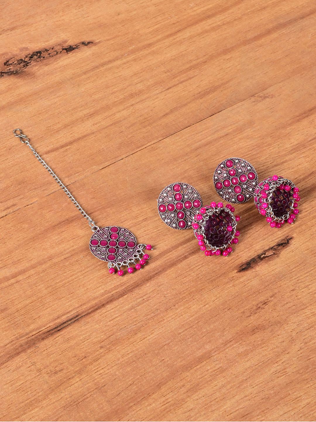 

Keviv Silver-Plated Maang Tika & Earrings Jewellery Set, Pink