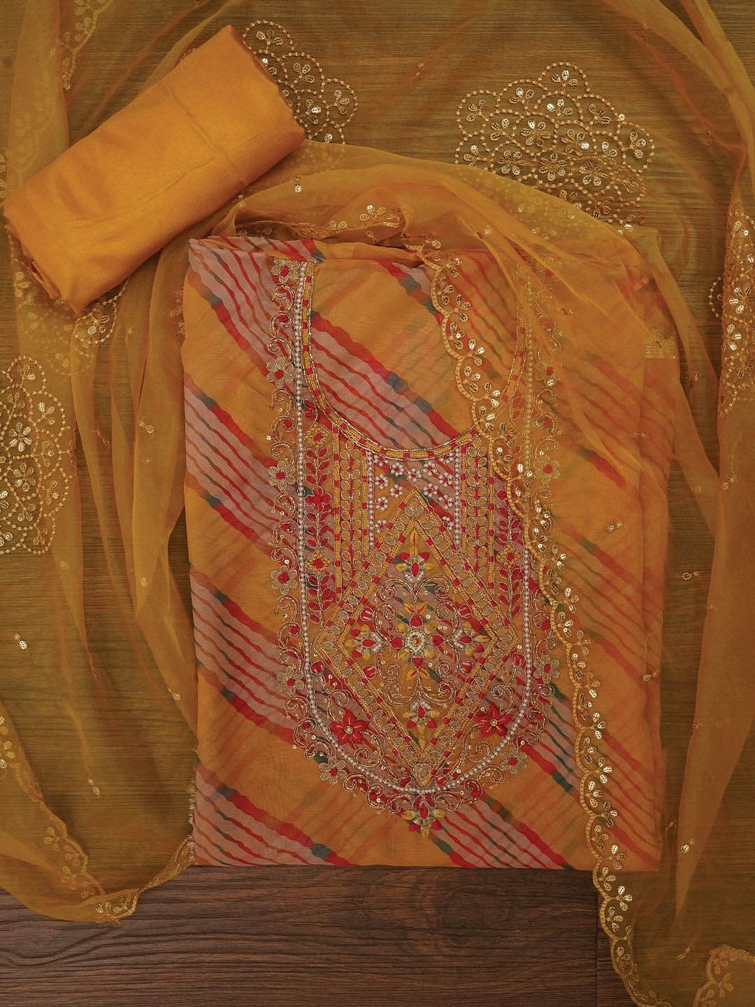 

Jaipur Kurti Leheriya Embroidered Dress Material with Dupatta, Mustard