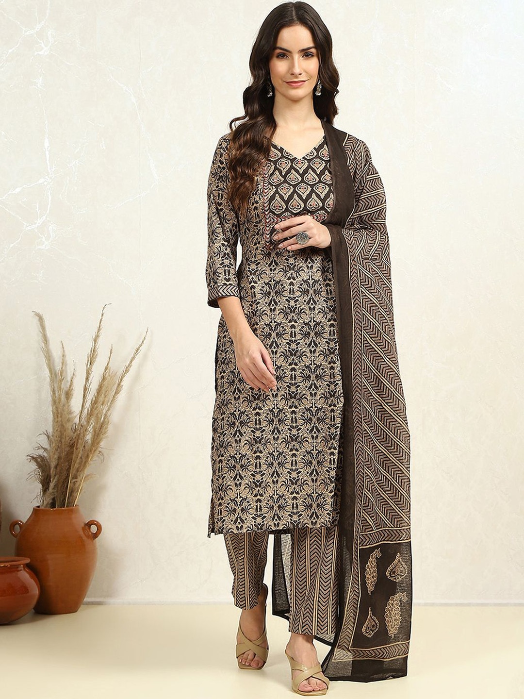

Biba Floral Printed Pure Cotton Unstitched Dress Material, Cream
