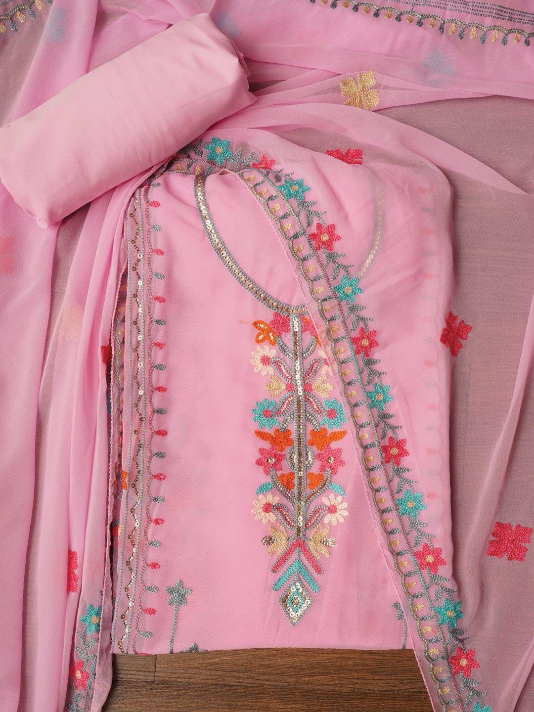 

Jaipur Kurti Sequin Embroidered Silk Georgette Dress Material with Dupatta, Pink