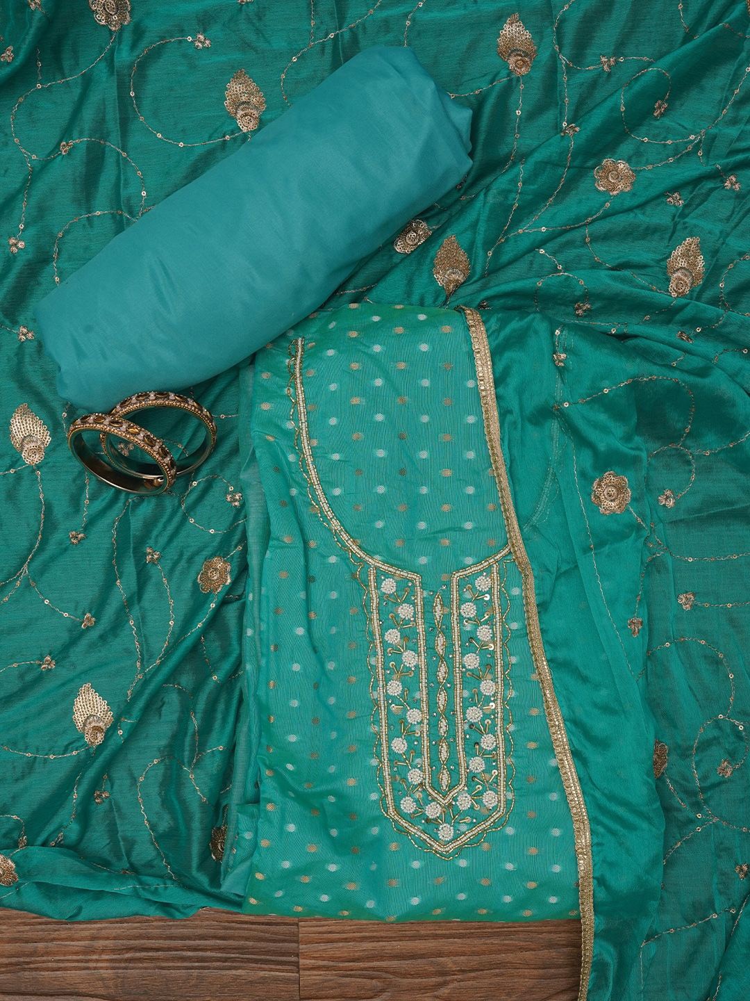 

Jaipur Kurti Zari Pure Cotton Dress Material with Dupatta, Sea green
