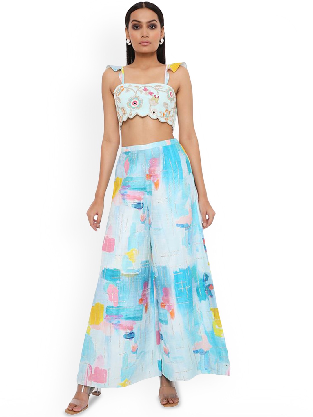 

Payal Singhal Embroidered Crop Top With Palazzo Co-Ords, Blue