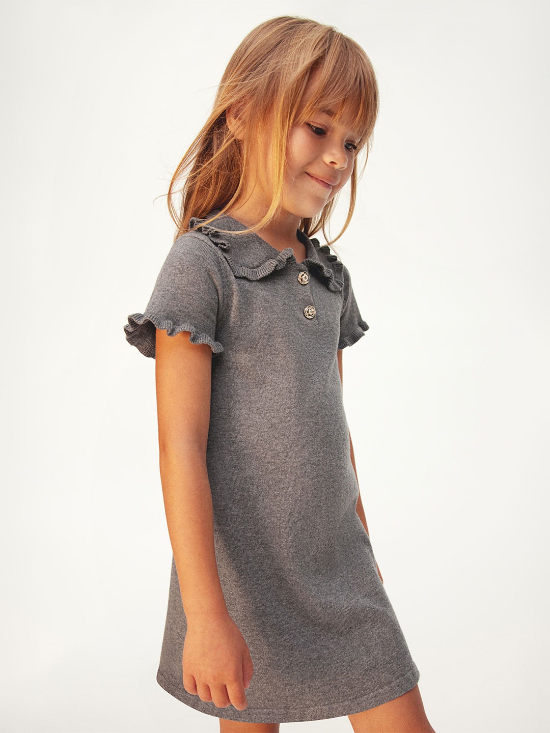 

H&M Infant Girls Pure Cotton Frill-Trimmed Fine-Knit Dress, Grey