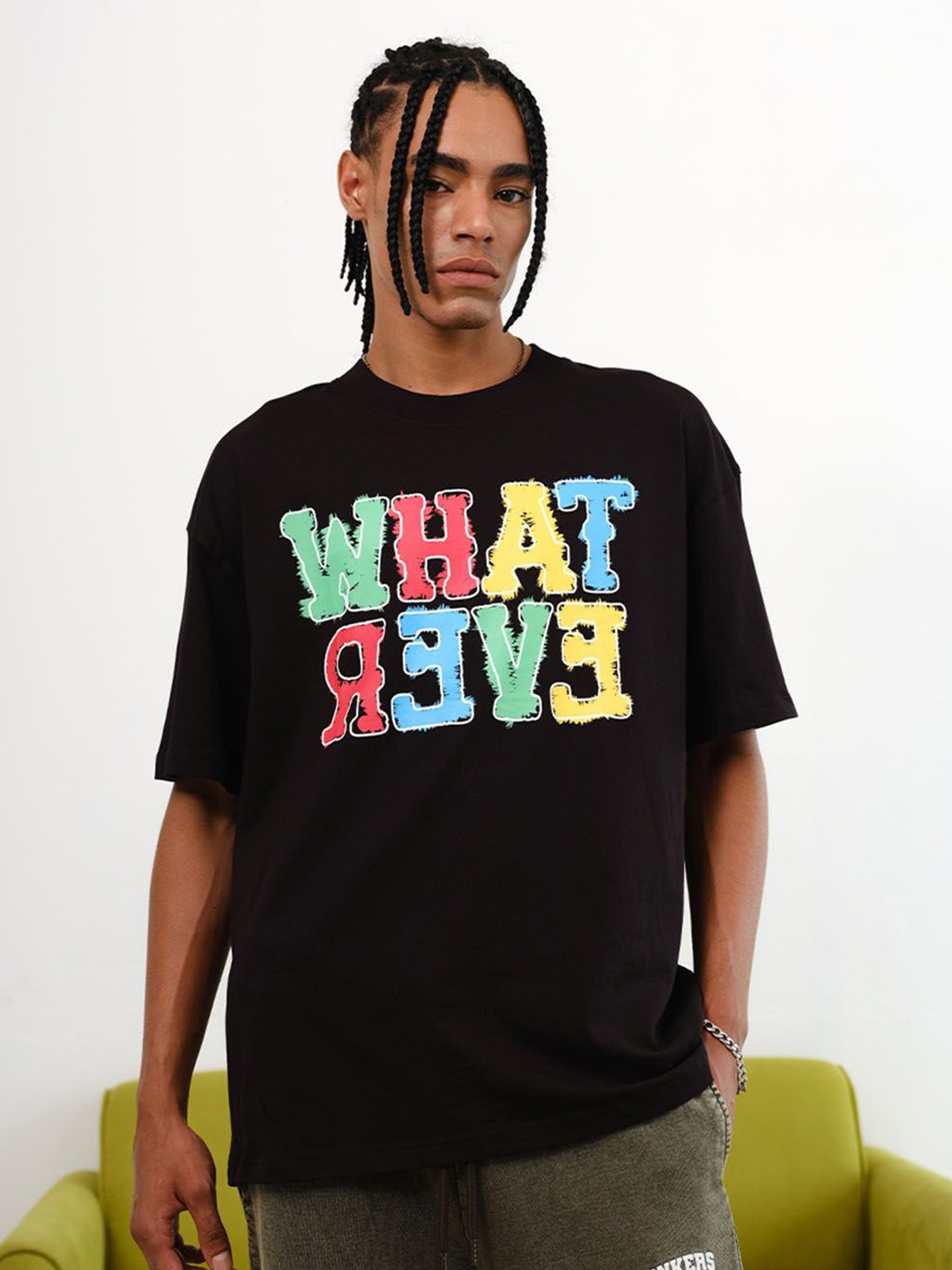 

Bonkers Corner Men Typography Printed Round Neck Cotton Oversized T-shirt, Black