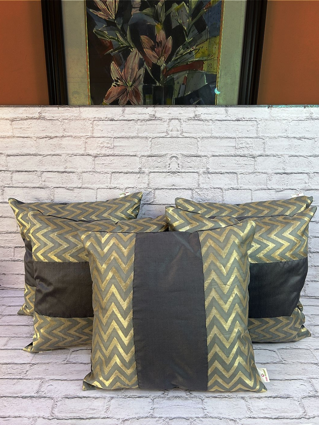 

Pink Parrot Grey & Gold-Toned 5 Pieces Geometric Jacquard Silk Square Cushion Covers