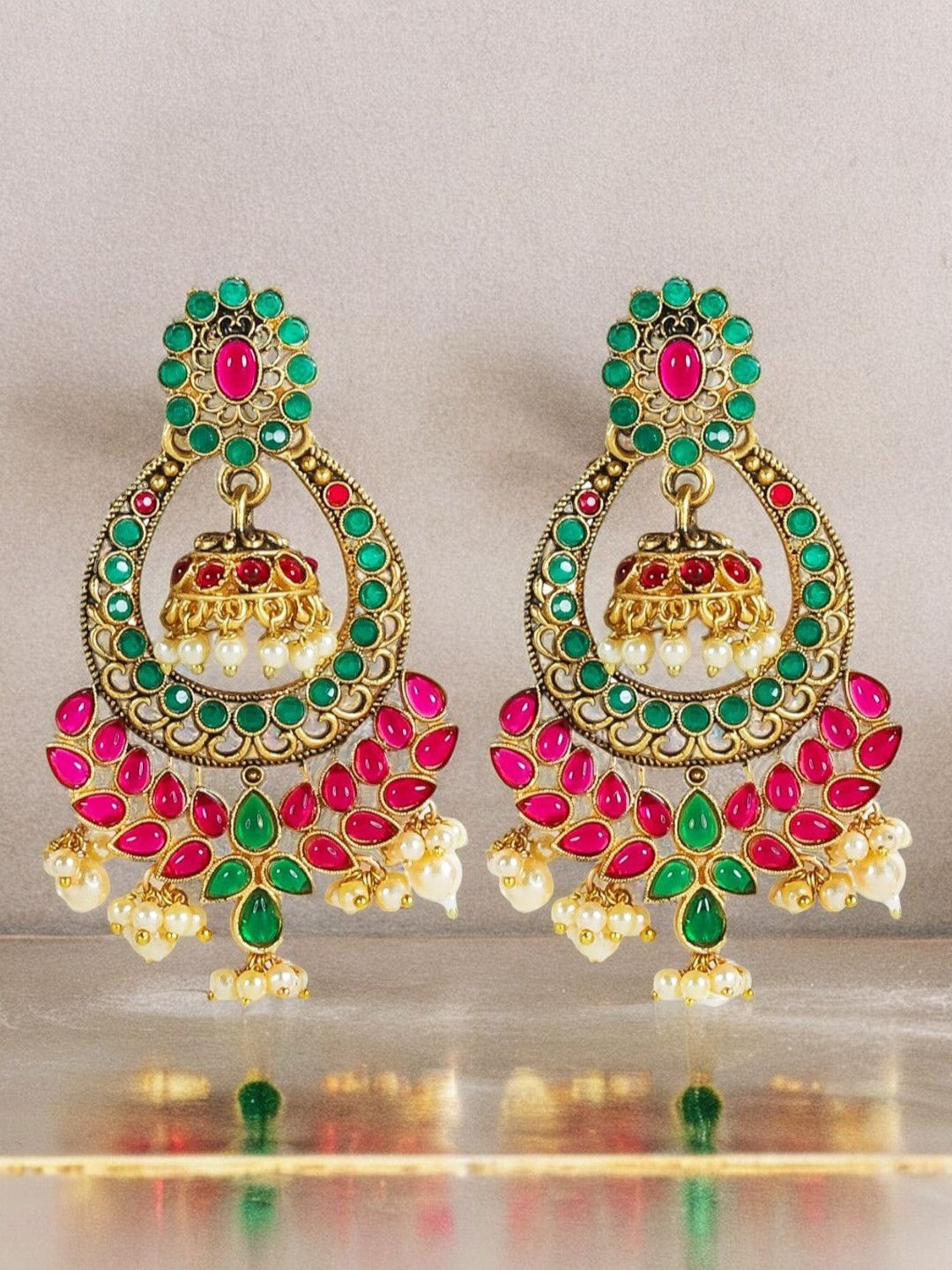 

Anouk Dome Shaped Artficial Stones Jhumkas, Red