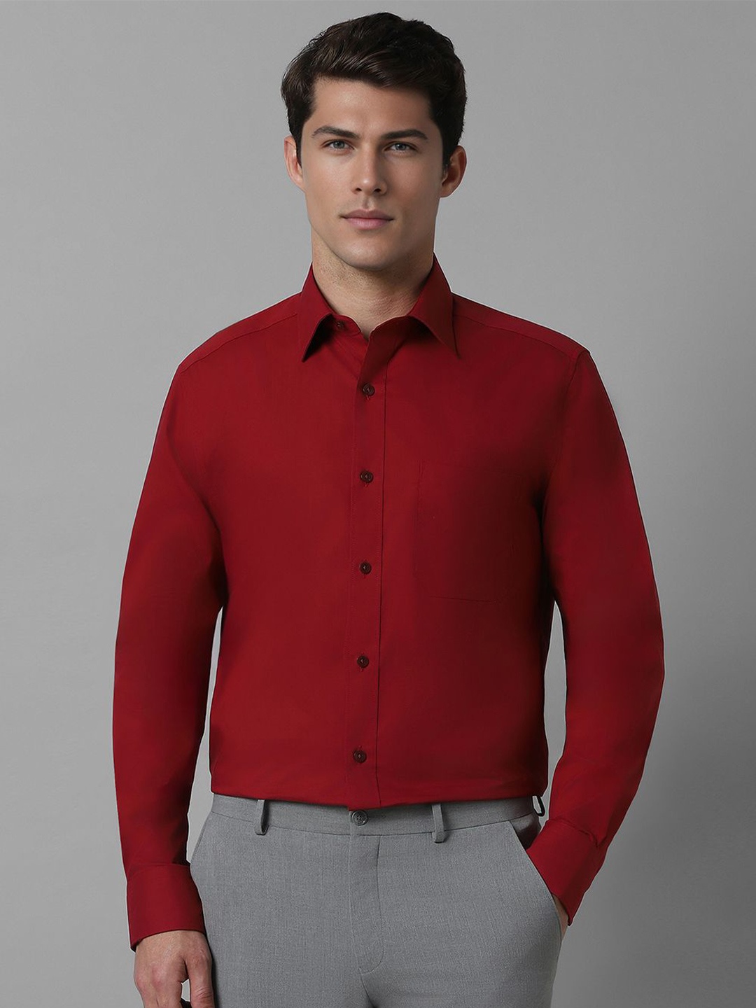 

Louis Philippe Men Classic Spread Collar Solid Cotton Formal Shirt, Maroon