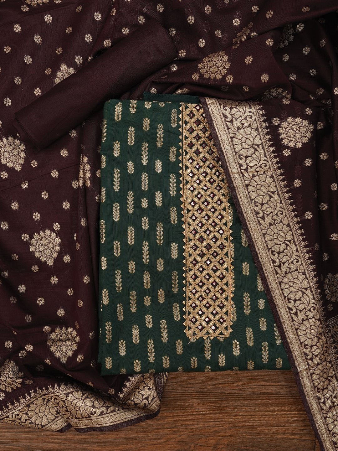 

Jaipur Kurti Unstitched Silk Blend Embellished Dress Material With Dupatta, Green