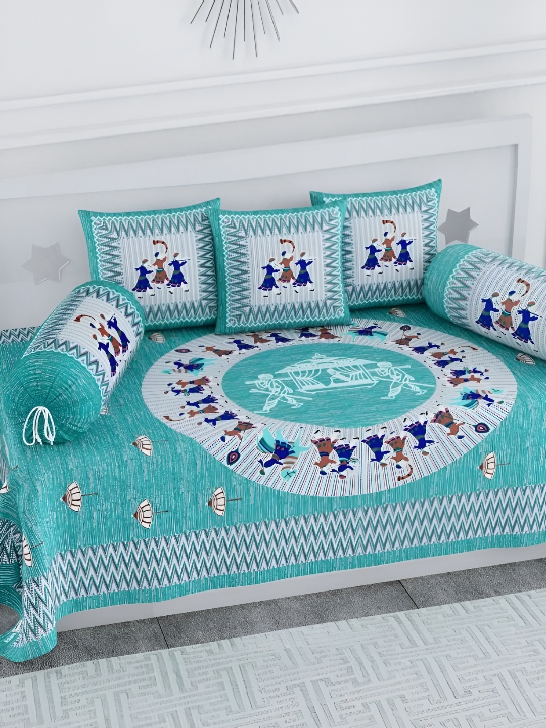 

LIVING ROOTS Blue & White 8 Pieces Ethnic Motifs Printed Cotton Diwan Set
