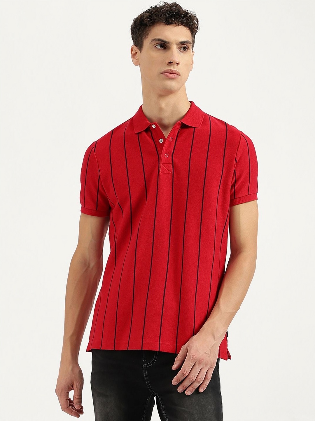 

United Colors of Benetton Men Striped Polo Collar Pure Cotton T-shirt, Red