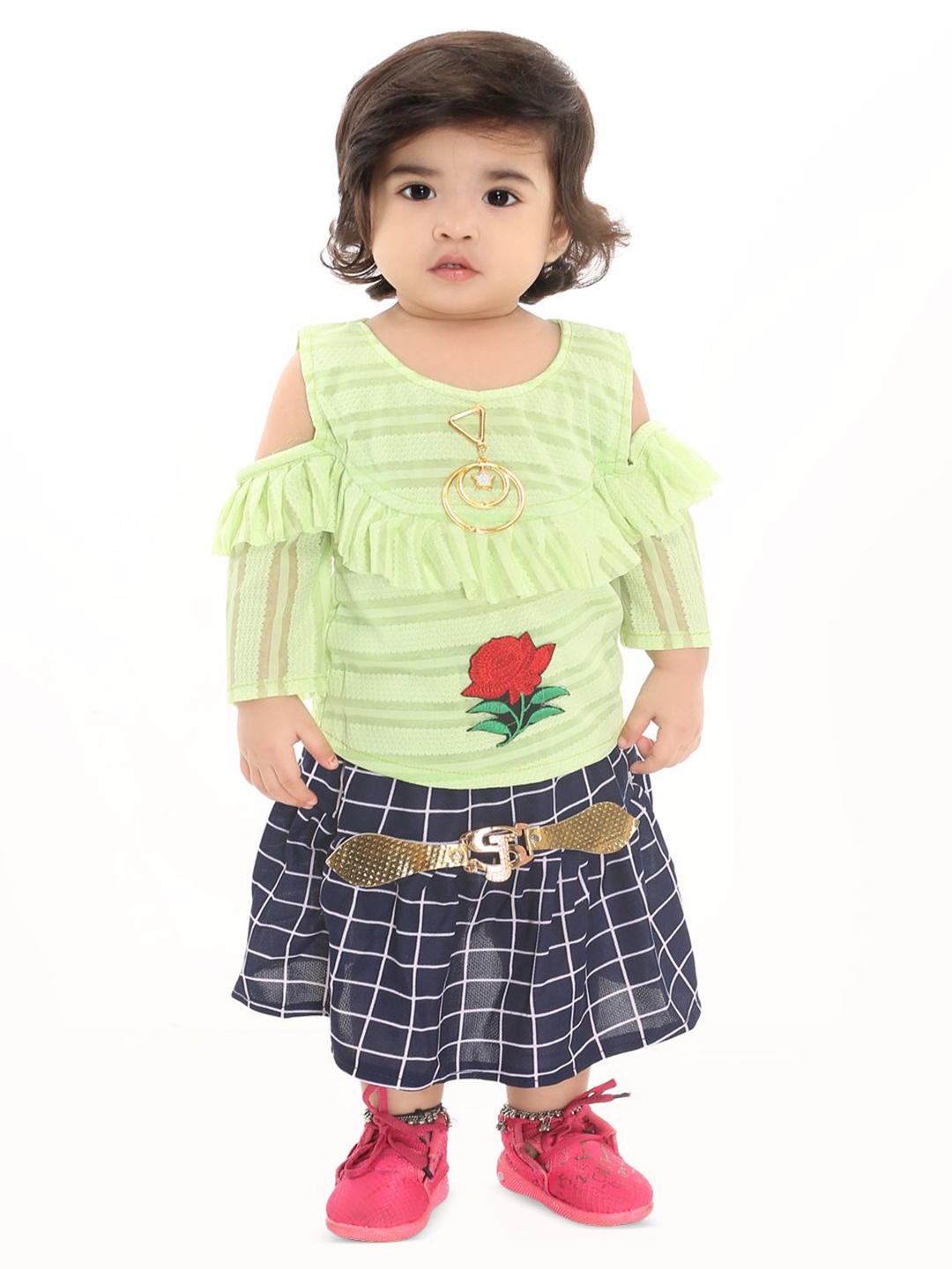 

BAESD Girls Self Design Round Neck Cotton Blend Top with Skirt, Green