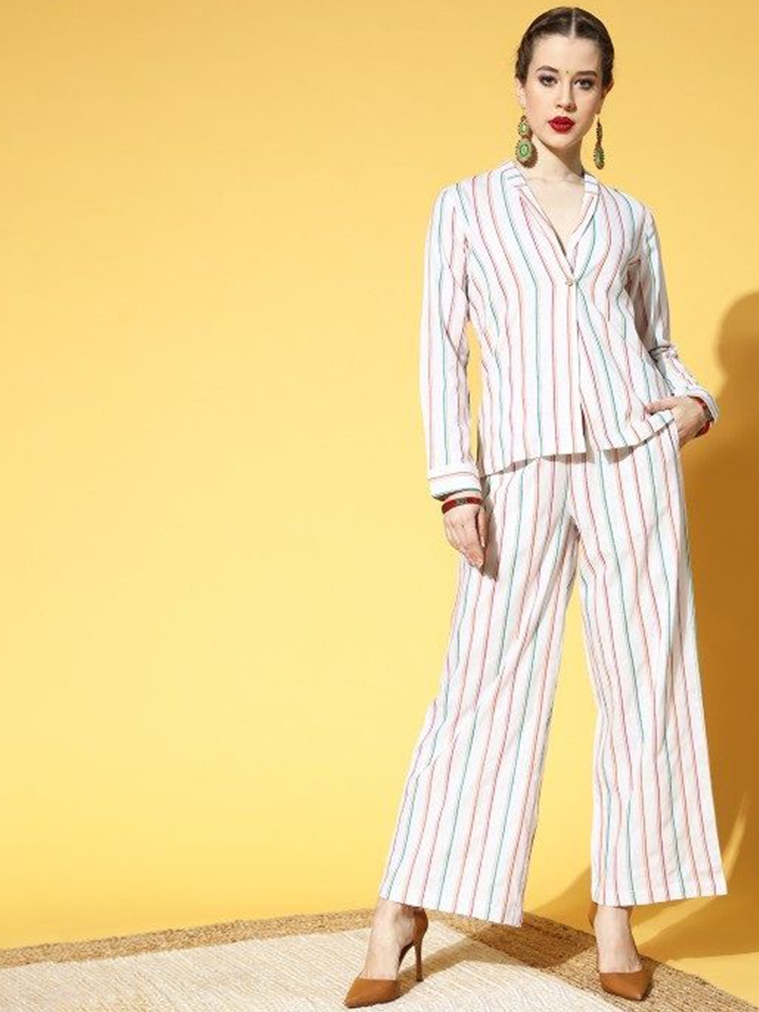

Sangria Striped Printed Pure Cotton Shirt With Palazzo, White