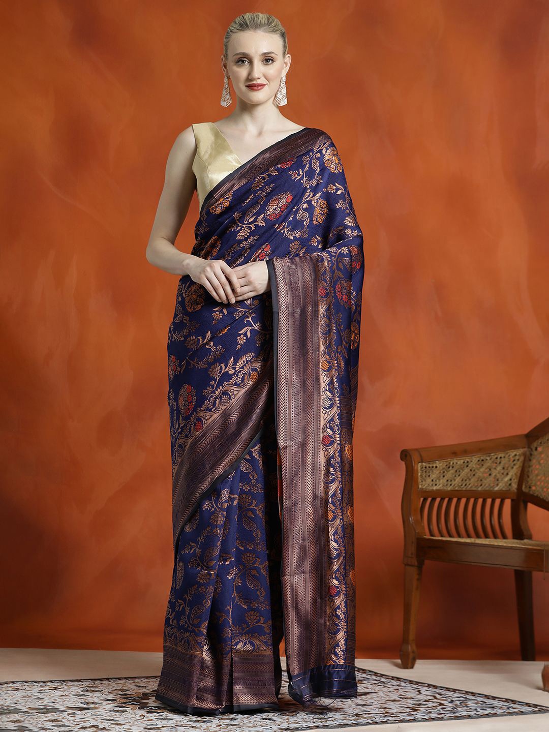 

Jaipur Kurti Silk Banarasi Zari Woven Party Wear Saree, Navy blue