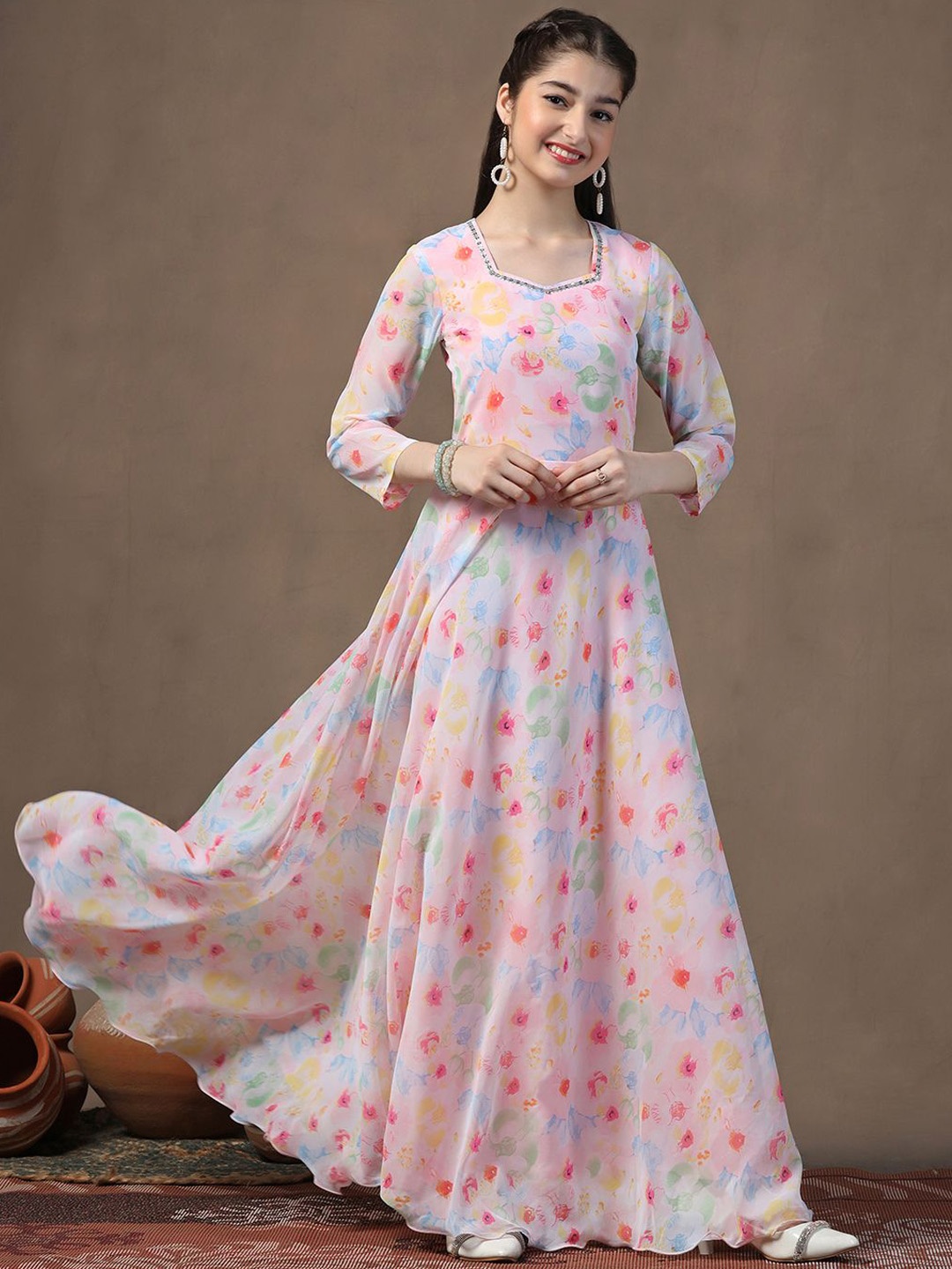 

BAESD Girls sweetheart neck colourblocked printed anarkali Maxi Ethnic Dresses, Cream